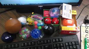 Geoff Woolf's collection of stress balls to help get him through the long weeks of bargaining